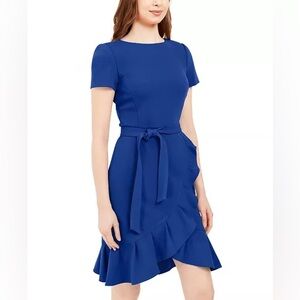 Calvin Klein Royal Blue Mini Dress Ruffle Belted Sheath Soze 6 6P Party Work NWT